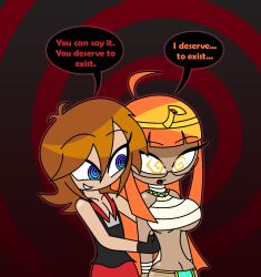 aged_up ahoge alternate_costume alternate_hairstyle bare_shoulders blue_eyes brown_hair crossover dialogue disney egyptian english_text femsub fingerless_gloves futaba_sakura gloves hypnoscream kingdom_hearts long_hair maledom midriff navel open_mouth orange_hair persona_(series) persona_5 ring_background ring_eyes shadow_(persona) shadow_futaba short_hair smile sora speech_bubble spiralwash_eyes square_enix text thighs very_long_hair wholesome yellow_eyes