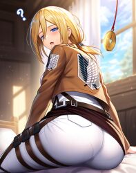  ai_art ass ass_focus attack_on_titan bed belt blonde_hair blue_eyes coin confused dazed drool empty_eyes femsub historia_reiss novelai_(ai) open_mouth pendulum sitting stable_diffusion_(ai) 