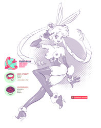  absurdres animal_ears bell_collar boots breasts collar earrings gloves greyscale happy_trance heart heart_eyes high_heels jewelry large_breasts long_hair opera_gloves sailor_moon sailor_moon_(series) solo supersatanson symbol_in_eyes text thigh_boots twintails 