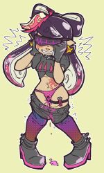 black_hair boots callie_(splatoon) collar crop_top drool female_only femsub glasses gloves hat high_heels hypnotic_accessory inkling leggings long_hair navel nintendo panties pussy_juice sex_toy shirt simple_background splatoon tattoo tech_control underwear vibrator visor wormbin