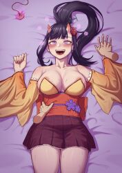  azur_lane bed black_hair breasts breasts_outside cleavage drool fangs female_only femsub flower flower_in_hair happy_trance holding_hands horns japanese_clothing kimono large_breasts long_hair m4ns0n magic maledom nipples open_mouth pendulum phantom_hand ponytail purple_eyes ryuuhou_(azur_lane) spiral_eyes sweat symbol_in_eyes thighs 