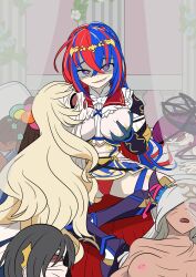  absurdres alear_(fire_emblem) black_hair blonde_hair blue_hair breast_fondling breast_grab breasts brown_hair celine_(fire_emblem) clothed corruption crossed_legs eye_color_change female_only femdom femsub fire_emblem fire_emblem_engage groping holding_breasts hypnotized_dom ivy_(fire_emblem) large_breasts long_hair looking_at_viewer multicolored_hair multiple_girls multiple_subs nel_(fire_emblem) nintendo nipples possession purple_eyes purple_hair red_hair sitting skinsuit smirk timerra_(fire_emblem) vel white_hair zephia_(fire_emblem) 