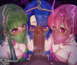  bangs bare_shoulders blowing_kiss blue_eyes blue_hair blush breast_press catria_(fire_emblem) cleavage erection est_(fire_emblem) eyebrows_visible_through_hair femsub fire_emblem fire_emblem_mystery_of_the_emblem glowing_eyes green_eyes green_hair hair_ornament hairpin happy_trance harem_outfit headdress heart heart_eyes jewelry large_breasts large_penis long_hair looking_at_viewer maledom midriff multiple_girls multiple_subs necklace nintendo one_eye_open open_mouth palla_(fire_emblem) pink_eyes pink_hair ryncka short_hair smile spiral_eyes sweat tongue tongue_out tube_top veil wink 
