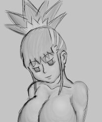  breasts dazed digimon digimon_tamers empty_eyes greyscale happy_trance huge_breasts monochrome rika_nonaka rutilus short_hair sketch topless 