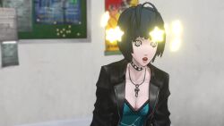  3d animated blue_hair brown_eyes collar confused dazed doctor femsub necklace open_mouth persona_(series) persona_5 short_hair spiral_eyes swaying symbol_in_eyes tae_takemi video vynil zombie_walk 