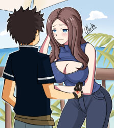  alerith beach blue_eyes breasts brown_hair cleavage clothed command_seal empty_eyes fate/grand_order fate_(series) femsub gloves hand_on_head jeans large_breasts leaning_forward leonardo_da_vinci_(fate) long_hair maledom milf shirt short_hair signature size_difference smile standing tank_top 