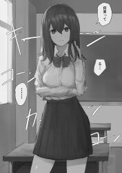 breasts comic empty_eyes expressionless female_only femsub greyscale looking_at_viewer mayonaka open_mouth original shirt skirt solo text translated