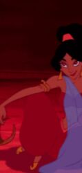  aladdin_(series) animated animated_gif crown disney femsub happy_trance harem_outfit jewelry looking_at_viewer manip midriff navel princess_jasmine red_eyes seductive_smile standing tan_skin 