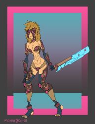  absurdres armor barefoot bikini_armor breasts breath_of_the_wild collar corruption enemy_conversion female_only femsub genderswap gloves hypnotic_accessory link mannybot-01 mask nintendo solo sword tech_control the_legend_of_zelda thighs visor weapon 