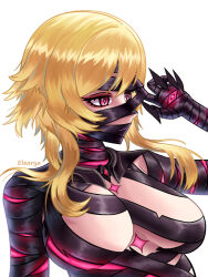  absurdres bandage blonde_hair breasts corruption elearya eye_color_change eyeshadow femsub genshin_impact glowing_eyes large_breasts lumine_(genshin_impact) makeup maledom possession purple_eyes red_eyes rerir short_hair simple_background slit_pupils unusual_pupils white_background 