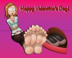  barefoot blonde_hair cloudy_with_a_chance_of_meatballs dazed domedvortex feet femsub foot_focus gradient_background open_mouth restrained samantha_sparks shoes sitting spiral_eyes text 