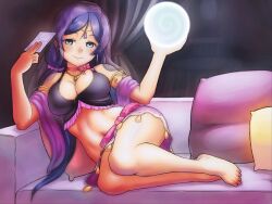  animated animated_gif bare_legs bare_shoulders barefoot blush breasts cleavage crystal_ball feet female_only femdom finalcake green_eyes hypnotic_orb large_breasts looking_at_viewer love_live! love_live!_school_idol_project manip midriff muddle_(manipper) nozomi_toujou orb pov pov_sub purple_hair ribbon sketch 