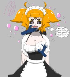  absurdres bangs black_sclera breast_grab breasts bubble chin_hold choker cleavage dazed drool expressionless eyebrows_visible_through_hair fangs female_only femsub finger_in_mouth grey_eyes groping large_breasts maid maid_headdress mantra multiple_arms multiple_eyes open_mouth orange_hair original pale_skin red_hair short_hair simple_background sobergin solo spider_girl spider_maid_(sobergin) spiral_eyes straight-cut_bangs symbol_in_eyes text thought_bubble tongue twintails 