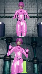  3d alternate_color_scheme alternate_costume alternate_hair_color bodysuit breasts cameltoe catsuit collar comic dildo erect_nipples erect_nipples_under_clothes female_only femsub happy_trance honey_select_2 latex murochi-san open_mouth original pink_eyes pink_hair rubber short_hair smile solo standing tentacles tongue tongue_out 
