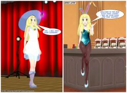3d before_and_after blonde_hair boots bow_tie braid bunnysuit coin cuffs dialogue dress empty_eyes english_text fake_animal_ears female_only femsub forced_employee glowing green_eyes happy_trance hat high_heels latinkaixa lillie_(pokemon) long_hair nintendo open_mouth pantyhose pendulum pokemon pokemon_sun_and_moon sitting smile speech_bubble stage_hypnosis standing standing_at_attention tagme text