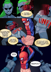  aphrodisiac arms_above_head blood bondage bottomless comic deadpool erection green_hair grey_skin hypnotic_drink magnta male_only maledom malesub marvel_comics mask penis spider-man spider-man_(series) super_hero text violence yaoi 