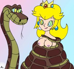 blonde_hair breasts coils crown disney earrings femsub happy_trance hypnotic_eyes jewelry kaa kaa_eyes large_breasts lol20 long_hair maledom nintendo nipples princess princess_peach simple_background smile snake spiral_eyes super_mario_bros. symbol_in_eyes the_jungle_book tongue tongue_out topless