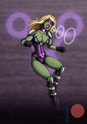  artist_request black_canary blonde_hair brainiac breasts cleavage collar collarbone corruption dc_comics enemy_conversion female_only femsub fishnets gloves glowing green_skin knee-high_boots leotard lipstick open_mouth re-maker solo super_hero symbol watermark western 