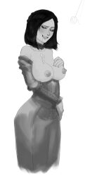 absurdres black_hair breasts choker dazed dochyde drool female_only femsub greyscale happy_trance large_breasts necklace open_clothes open_mouth pendulum serana_(skyrim) sketch smile the_elder_scrolls the_elder_scrolls_v undressing vampire