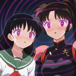 ai_art black_hair brown_hair femsub inuyasha_(series) kagome_higurashi long_hair multiple_girls multiple_subs ponytail sango xenon3131_mc