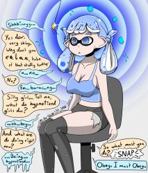  absurdres bare_shoulders blue_eyes blue_hair breasts chair cleavage crop_top dazed dialogue expressionless female_only femsub finger_snap inkling inkling_girl large_breasts midriff nintendo open_mouth original pendulum resisting short_shorts shorts signature sitting sleepy slouching sobergin solo spiral_background spiral_eyes splatoon tank_top text thighhighs thighs twintails weak_resistance 