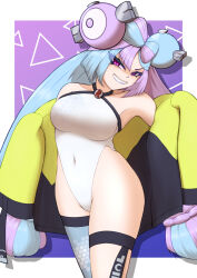  arm_warmers armpits blue_hair breasts corruption empty_eyes evil_smile eyelashes female_only femsub garter garter_belt hair_ornament iono_(pokemon) leotard lipstick looking_at_viewer magnemite multicolored_hair nintendo pink_eyes pink_hair pokemon pokemon_(creature) pokemon_scarlet_and_violet purple_background purple_lipstick sharp_teeth simple_background smile solo standing team_rocket thighhighs twintails very_long_hair yamimochi 