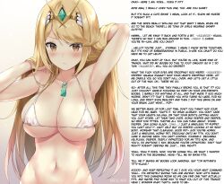 accidental_hypnosis armpits bikini blonde_hair blush breasts brown_eyes caption caption_only cleavage clothed_exposure female_only femdom hair_band huge_breasts hypnotic_breasts katzchen large_breasts long_hair looking_at_viewer manip micro_bikini midriff mythra_(xenoblade) navel nintendo pov pov_sub swimsuit ta75_(manipper) text xenoblade_chronicles xenoblade_chronicles_2 yellow_eyes