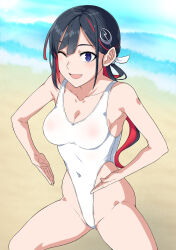 beach blue_eyes breasts cleavage collarbone fate/grand_order fate_(series) femsub hai_(h81908190) haigure hair_ornament hair_ribbon hairpin happy_trance leotard long_hair miss_crane multicolored_hair navel outdoors ribbon simple_background smile spread_legs tight_clothing wink