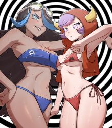 bikini black_hair blue_hair breast_press breasts courtney_(pokemon) dark_skin expressionless femsub goggles_on_head hood jacket large_breasts looking_at_viewer manip multicolored_hair multiple_girls multiple_subs navel nintendo nutkingcall open_clothes open_mouth pokemon pokemon_omega_ruby_and_alpha_sapphire purple_hair shelly_(pokemon) short_hair smile spiral spiral_background spiral_eyes spiraleditor_(manipper) spiralwash_eyes swimsuit