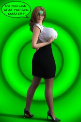 3d breasts debra_sampson_(theheckle) dialogue female_only femsub glasses happy_trance headband high_heels hypnotic_accessory large_breasts milf original solo tech_control text theheckle