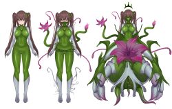  before_and_after belt blush bodysuit boots breasts brown_hair cameltoe corruption face_mask faceless female_only femsub green_eyes high_heels kamiohuda latex original plant rubber sequence smile standing symbiote twintails zoras_(kamiohuda) 