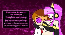 aged_up arm_warmers bare_shoulders blush brown_hair cleavage collarbone english_text eyebrows_visible_through_hair eyelashes fake_animal_ears femdom head_in_breasts headphones heart hypnoscream ic-313n internecion_cube kaa_eyes lab_coat long_hair love malesub max_(internecion_cube) midriff navel one_eye_open pink_eyes shiny_hair shiny_skin short_hair smile straight-cut_bangs zipper