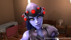  3d animated animated_gif breasts clothed dazed expressionless eye_roll femsub gloves large_breasts long_hair looking_at_viewer open_mouth overwatch pov pov_dom purple_skin reaper seamless source_filmmaker tech_control tongue tongue_out widowmaker yellow_eyes 