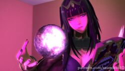  3d animated animated_gif black_hair bra breasts cleavage clothed female_only femdom fire_emblem fire_emblem_awakening hypnotic_orb large_breasts looking_at_viewer magic nintendo pov pov_sub seamless solo source_filmmaker text tharja underwear 