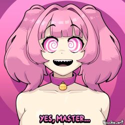  bangs bare_shoulders brushie_art collar collarbone convenient_censoring dog_tags eyebrows_visible_through_hair fangs female_only femsub happy_trance large_breasts long_hair melody_(disguised_hypnotist) nude open_mouth original pink_background pink_hair simple_background smile solo spiral_background spiralwash_eyes text twintails 