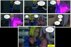  3d android_18 android_21 blonde_hair blue_eyes clothed comic dragon_ball dragon_ball_fighterz femdom femsub hypnotic_orb pink_skin red_eyes source_filmmaker spiral spiral_eyes text whateverdude19 white_hair 