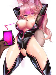  absurdres animal_ears arms_above_head blush bodysuit breasts clothed clothed_exposure cum cum_on_body cum_on_breasts cum_on_face empty_eyes erect_nipples exposed_chest expressionless fate/grand_order fate_(series) femsub fox_ears fox_girl fox_tail glasses gloves glowing glowing_eyes hypnotic_app koyanskaya kurofx large_breasts leotard long_hair multicolored_eyes nipples open_mouth opera_gloves phone pink_hair ponytail pussy simple_background thighhighs tight_clothing white_background 