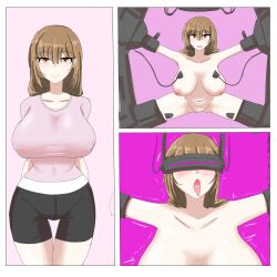  before_and_after blush bottomless breasts brown_eyes brown_hair cables comic corruption female_only femsub huge_breasts long_hair looking_at_viewer multiple_views nude open_mouth restrained shirt shorts simple_background smile spread_legs standing tech_control tight_clothing tongue tongue_out topless trembling visor xipa 