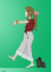 aerith_gainsborough barefoot cum cum_on_clothes dirty_feet drool erection final_fantasy final_fantasy_vii glowing_eyes green_eyes precum ribbon rosera transfem transgender_identity zombie_walk