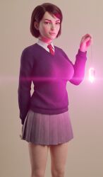3d ai_art bare_legs brown_hair clothed crystal female_only femdom hypnotic_accessory looking_at_viewer maddie_kim pantheon_(series) pendulum school_uniform short_hair simple_background skirt solo standing suit sweater tie zupern0va_(manipper)