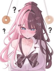  blue_eyes brown_hair cleavage coin confused female_only femsub funo_heart hair_clips hair_ornament heart_eyes hinano_tachibana large_breasts multicolored_hair pendulum pink_hair ponytail ribbon school_uniform simple_background solo symbol_in_eyes virtual_esports_project virtual_youtuber white_background 