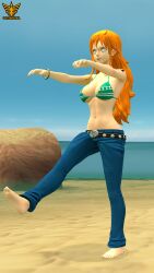 3d absurdres barefoot beach bikini_top bracelet breasts expressionless feet female_only femsub jeans large_breasts latinkaixa nami_(one_piece) navel one_piece open_mouth orange_hair outdoors pants red_hair solo spiralwash_eyes very_long_hair zombie_walk