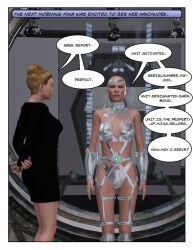 3d bald black_sclera blonde_hair boots collar corporatification creativeguy59 dronification english_text expressionless female_only femdom femsub mantra multiple_girls nail_polish robotization speech_bubble standing standing_at_attention text