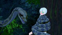 3d bikini breasts coils disney happy_trance kaa kaa_eyes large_breasts leopard_print lipstick long_hair makeup mmd mrkoiru outdoors pale_skin ping ponytail rwby silver_hair sitting smile snake the_jungle_book trees weiss_schnee