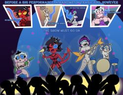 breasts charlie_(hazbin_hotel) dildo emberlynn_pinkle ghost glowing_eyes hazbin_hotel helluva_boss inverted_nipples lingerie millie_(helluva_boss) multiple_girls murder_drones music nude possession pussy pussy_juice stage tcross text tongue_out uzi_doorman wet