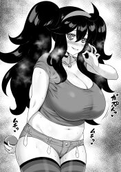  ahoge blush breasts breath cleavage collarbone condom_accessories female_only femsub glowing_eyes greyscale hair_band happy_trance hex_maniac huge_breasts leaning_forward long_hair looking_at_viewer manip midriff misterman4_(manipper) necklace nintendo pokeball pokemon pokemon_x_and_y shirt short_shorts shorts show-ei simple_background smile spiral_eyes standing sweat symbol_in_eyes tagme text thighhighs twintails 