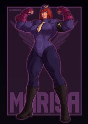  arm_bands boots female_only femsub fingerless_gloves gloves hat leggings leotard marisa_(street_fighter) muscle_girl purple_eyes red_hair shadaloo_dolls signature street_fighter tie victoriamikoto 