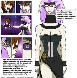 angry breasts brown_hair comic crown dani_(doudile) doudile elf_ears empty_eyes ersunalette_(doudile) evil_smile femdom femsub giantess heterochromia hypnotic_eyes jewelry large_breasts long_hair multiple_arms open_mouth original purple_eyes purple_hair short_hair smile spiral_eyes symbol_in_eyes tattoo text watermark white_background yellow_eyes