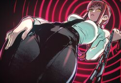  braid chainsaw_man clothed female_only femdom hand_on_hip hourglass_figure large_breasts leash long_hair looking_at_viewer makima_(chainsaw_man) pants pov pov_sub red_hair ring_background ring_eyes solo t-shirt tie tight_clothing wide_hips xandredarium yellow_eyes 