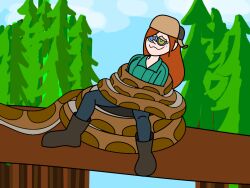 bondage boots clothed coils disney femsub forest freckles gravity_falls happy_trance hat hebikoiru kaa kaa_eyes long_hair maledom red_hair ring_eyes smile snake the_jungle_book wendy_corduroy